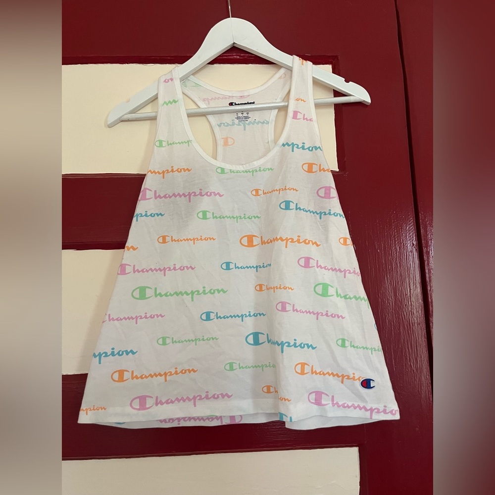 White and Multicolored Champion Tank Top